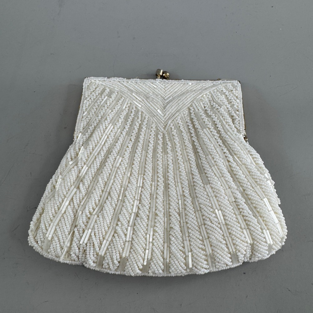 Vintage Hand Made in Hong Kong Beaded Evening Clutch Bag Faux Pearl White Gold